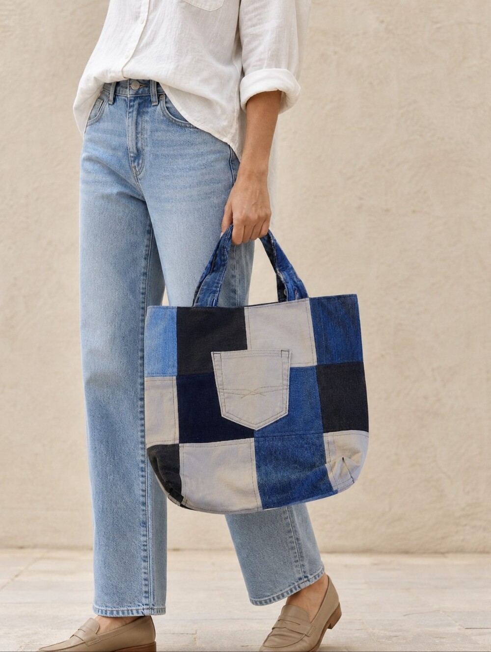Denim patchwork tote bag